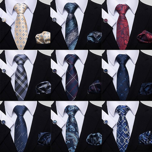  Classic Ties for Men Set Formal Pocket Square Cufflink Check Plaid 1920s Great Gatsby Gentleman Accessories Set