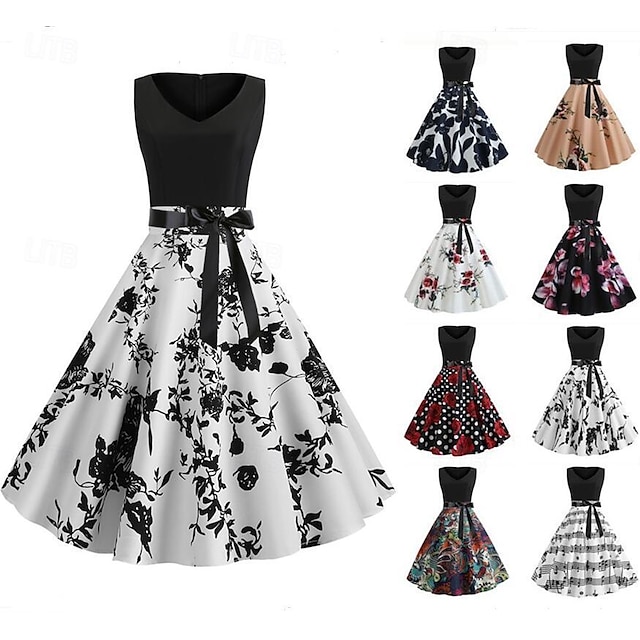  Retro Vintage 1950s Cocktail Dress Dailywear Dress Party Costume A Line Dress Flare Dress Women's Floral Masquerade Event / Party Dress