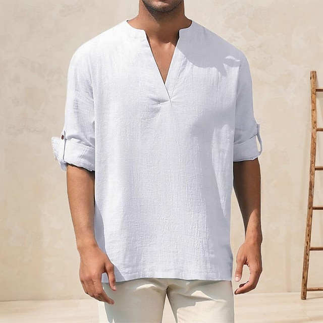  Per uomo Camicia Camicia di lino Camicia bianca di cotone Camicia Estiva Camicia da Spiaggia Camicia in cotone e lino Semplice Vacanza Camicia hawaiana Bianco Giallo Verde militare Manica Lunga