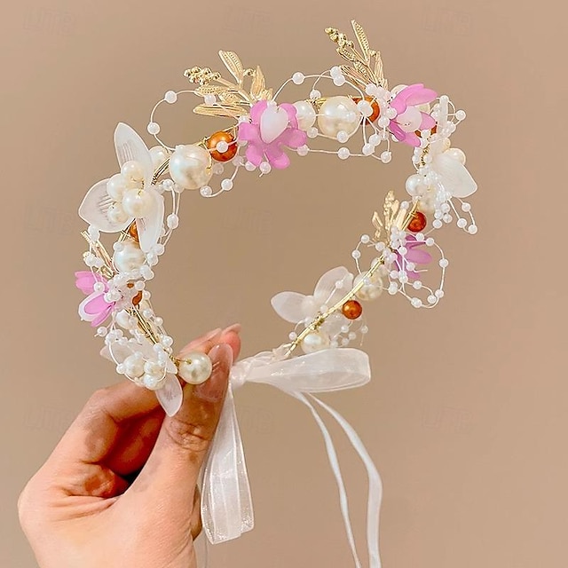  Kids Unisex Hair Accessories Floral 1# white bead flower ribbon headband 2#Purple Bead Flower Ribbon Headband