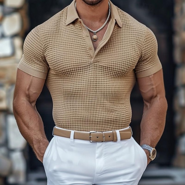  Voor heren Wafel Poloshirts Poloshirts Casual Feestdagen Revers Geribbelde polokraag Korte mouw Modieus Basic Effen Knop Zacht Zomer Lente Normale pasvorm Wit Geel Khaki Grijs Wafel Poloshirts