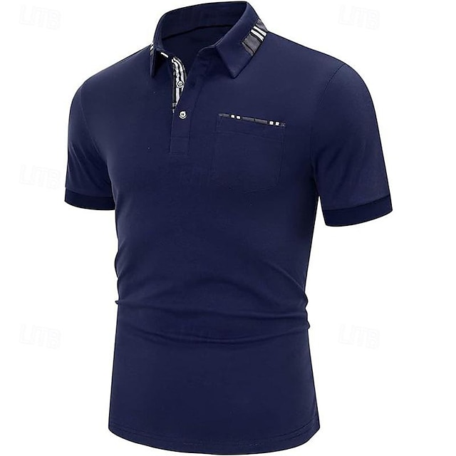  Men's Golf Shirt Golf Polo Work Casual Lapel Short Sleeve Basic Modern Color Block Patchwork Button Spring & Summer Regular Fit Navy Blue Golf Shirt