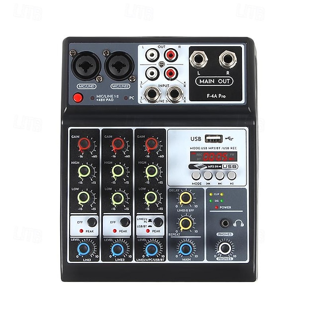  Audiomischer, professionelle 4-Kanal-Audiomischkonsole mit USB-Aufnahme, 48-V-Phantomspeisung, Monitorpfad