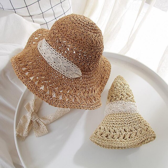  cappello a secchiello all'uncinetto cavo nastro di pizzo cravatta a tesa larga cappello da sole in paglia traspirante eleganti cappelli da spiaggia da viaggio per ombrellone per donna