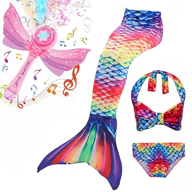  Kinder-Mädchenkleid mit elektrischer Seifenblasenmaschine, Kinder-Mädchen-Badebekleidung, Bikini, 3–10 Jahre, 3-teilig, dreiteiliger Badeanzug, Meerjungfrauenschwanz, Badebekleidung der kleinen
