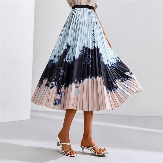  Women's Skirt A Line Midi Skirts Ruched Pleated Print Graphic Color Block Abstract Daily Date Spring, Fall, Winter, Summer Polyester Elegant Fashion Black-White White Pink Royal Blue