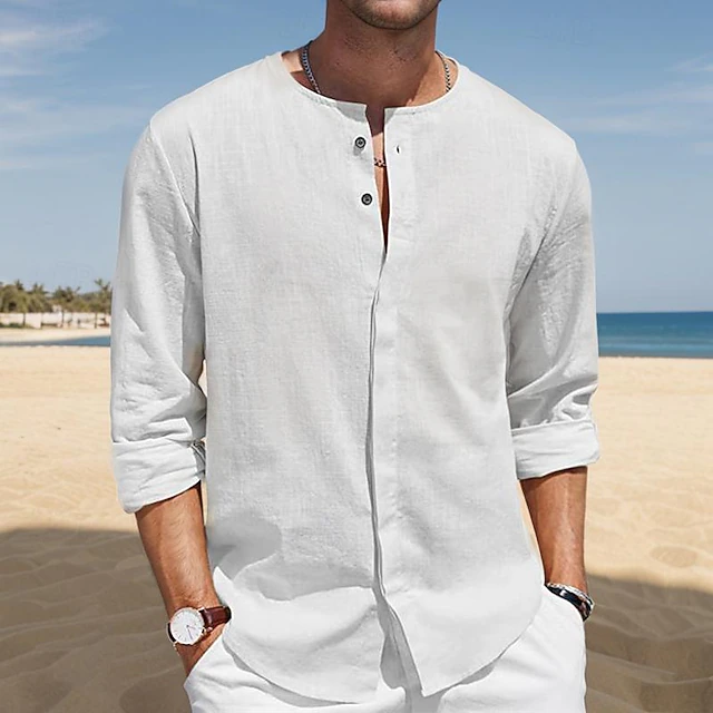Men's Shirt Summer Shirt Casual Shirt Beach Shirt Button Up Shirt Black White Blue Green Gray Long Sleeve Plain Collar Vacation Hawaiian Clothing Apparel Cotton Cotton Blend Fashion Casual Comfortable 6
