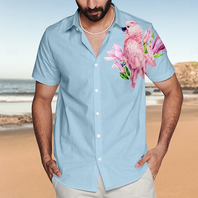  Pasăre Tropical Hawaiană Bărbați Cămașă În aer liber Vacanță Plajă Vară Răsfrânt Manșon scurt Roz Îmbujorat, Albastru celest, Alburiu S, M, L Poliester Stofă de slub Cămașă