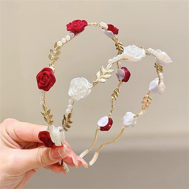  cerceau de cheveux de perle de fleur rouge rose sèche vintage français pour les femmes avec un bandeau de pince à cheveux de haute qualité et de petit style pour accessoires de cheveux de mariée