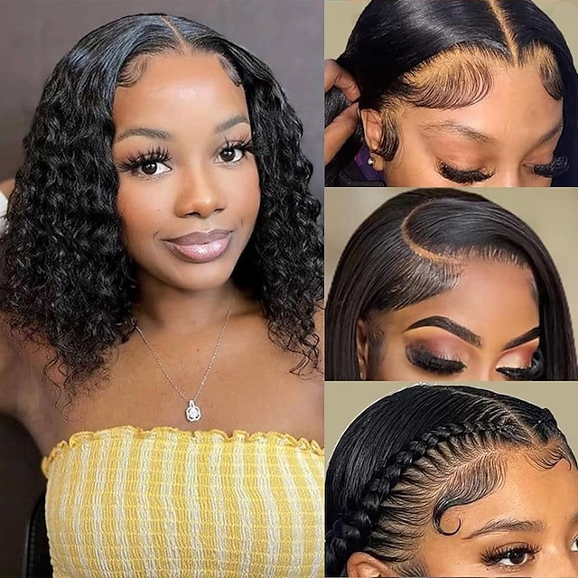 parókák emberi haj előre kitépett előre kivágott rövid parókák gumiszalaggal fekete nőknek göndör 4x4-es záródású paróka pergő göndör paróka emberi haj