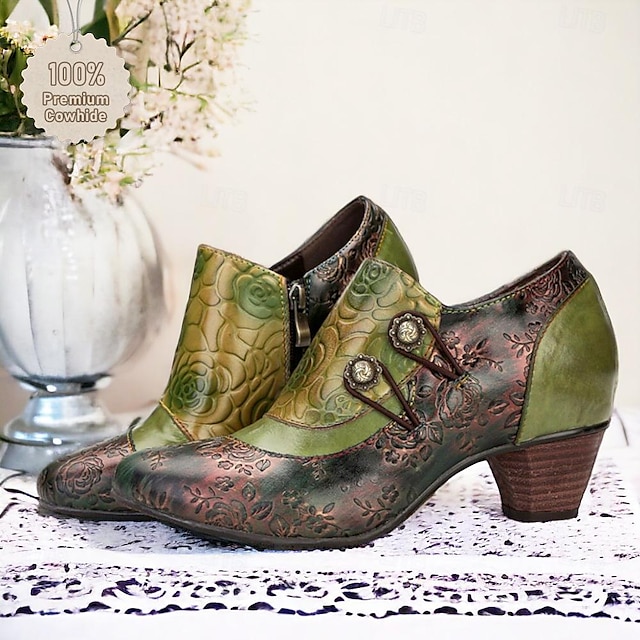  Women's Heels Pumps Handmade Shoes Vintage Shoes Party Daily Floral Embroidered Zipper Cone Heel Pointed Toe Vintage Casual Comfort Leather Zipper Blue Green Coffee