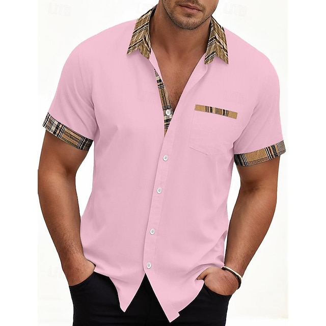  Men's Shirt Button Up Shirt Casual Shirt Summer Shirt White Pink Gray Short Sleeve Plain Collar Daily Vacation Clothing Apparel Fashion Casual Comfortable