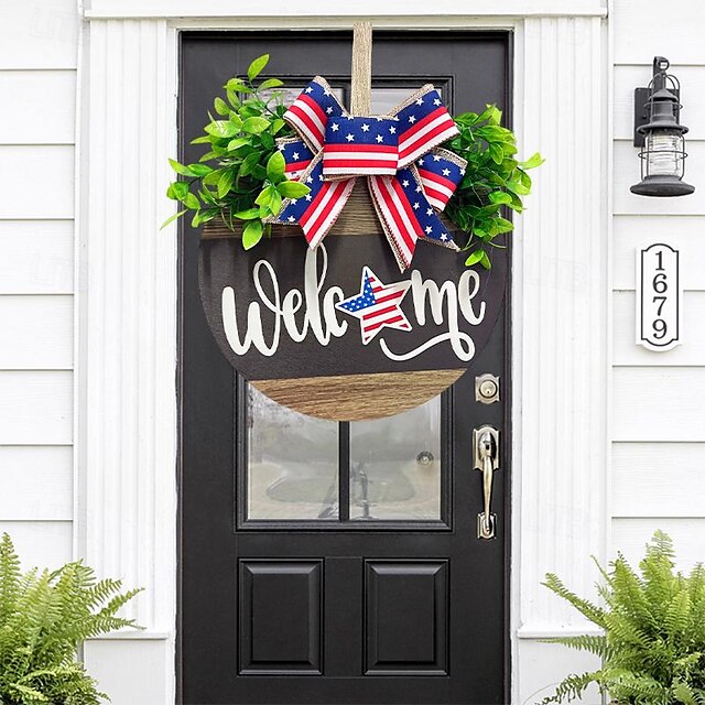  dřevěná cedule na dveře ke dni nezávislosti - vlastenecké nádvoří vnitřní venkovní dekorace se závěsným kroužkem, ideální pro oslavu ducha Ameriky na památný den / čtvrtý červenec