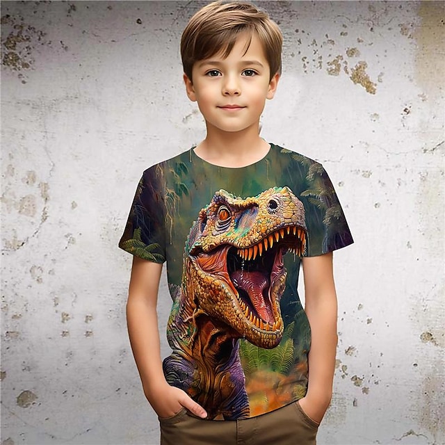  Gutt 3D Dinosaur T-skjorte Skjorter Kortermet 3D-utskrift Sommer Aktiv Sport Mote Polyester Barn 3-12 år Crew-hals utendørs Avslappet Daglig Normal