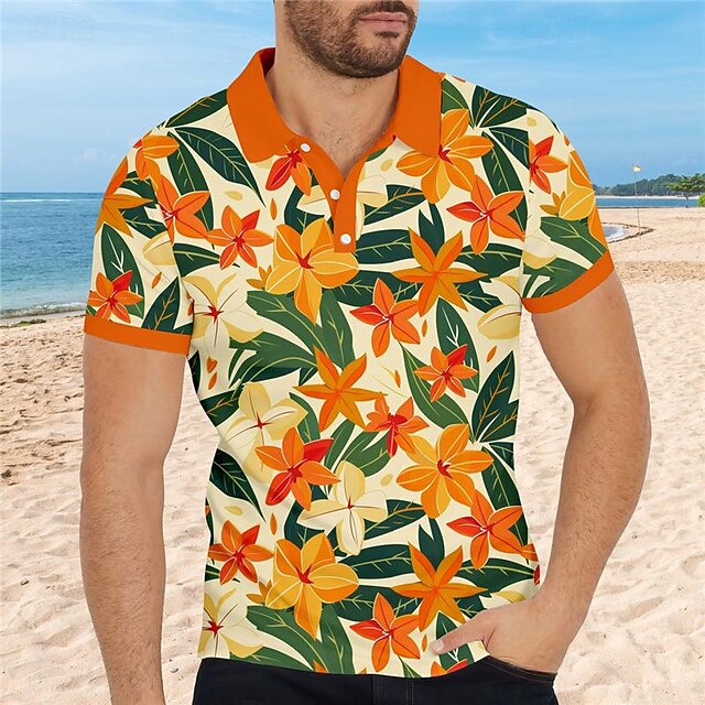 Kentucky Derby Men's Floral Hawaiian Polo Shirts Golf Shirt Short Sleeve Polo Shirts Collared Shirts Casual Beach Wear Vacation Wear Tropical Wear Party Outfits Buttons 3D Print Summer Purple Orange4