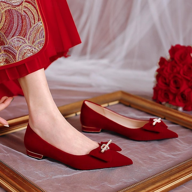  בגדי ריקוד נשים נעלי חתונה החלקות לבש נעליים חתונה יום האהבה בצורת לב נעלי כלה נעלי שושבינה פפיון דמוי פנינה חסום את העקב עקב עבה בוהן מחודדת אלגנטית אופנתי מִעוּטָנוּת סוויד PU לואפר אדום