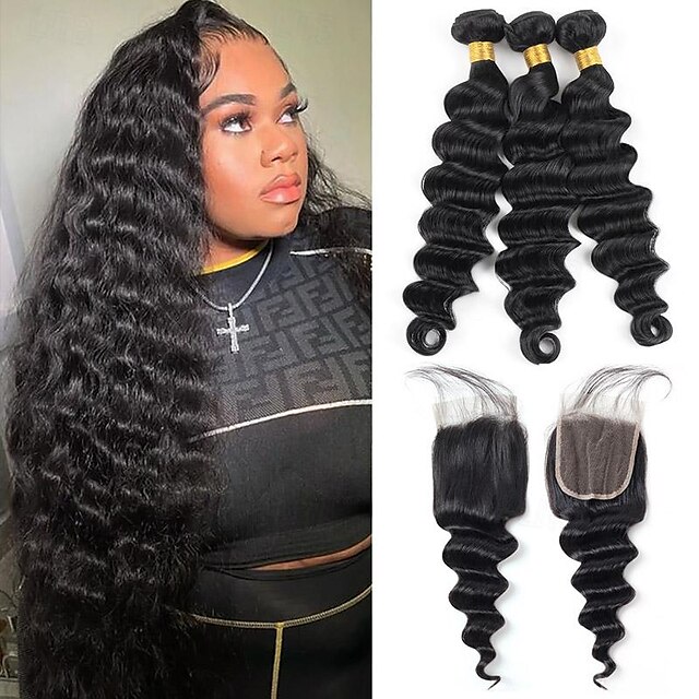  12a capelli umani sciolti fasci profondi con chiusura capelli umani vergini brasiliani 3/4 fasci con pizzo svizzero sciolto profondo nero naturale