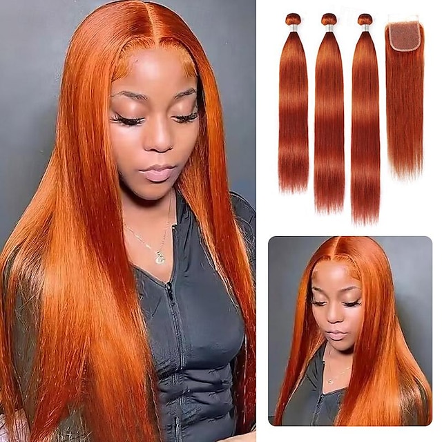  Colored Hair Bundles With Closure #350 Ginger Brazilian Human Hair Weaving With 4*4 Closures Bone Straight Hair Extension
