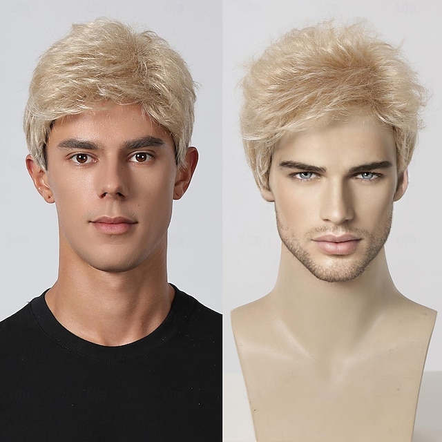  rövid férfi paróka bolyhos haj szőke paróka férfiaknak természetes megjelenésű szintetikus haj teljes paróka férfiaknak napi cosplay jelmez