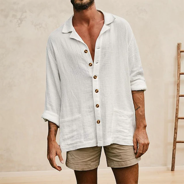 Men's Shirt Linen Shirt Cotton Linen Shirt White Cotton Shirt Summer Shirt Beach Shirt Plain Hawaiian Holiday White Sky Blue Green Khaki Long Sleeve Camp Collar Spring & Fall Clothing Apparel Pocket 8