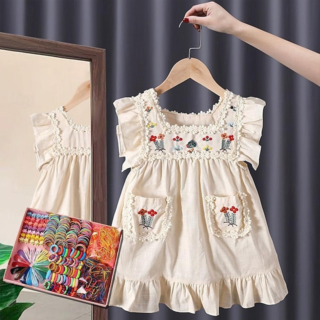 Летнее платье с объемными рукавами для девочек, кружевное детское летнее платье с короткими рукавами и комбинированным комплектом аксессуаров для волос