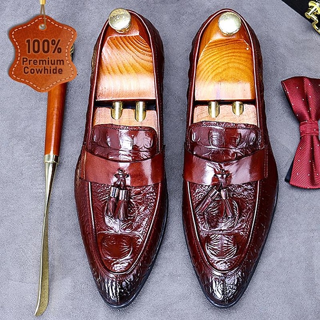  Men's Loafers & Slip-Ons Wine Black Glossy Burgundy Crocodile Leather Tassel Comfortable Slip Resistant