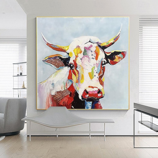  abstrakti lehmäöljymaalaus käsinmaalattu värikäs eläintekstuurimaalaus ainutlaatuinen taideteos elävä eläinkangasmaalaus seinätaidetta maalaistalon sisustus olohuone olohuone kodin sisustus