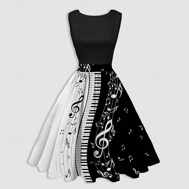  Damen Retro 1950er Jahre Vintage Teekleider Midikleid Täglicher Urlaub Rüschendruck Hinweis Rundhalsausschnitt Ärmellos Schlank Sommer Frühling 2023 Schwarzwein S M L XL