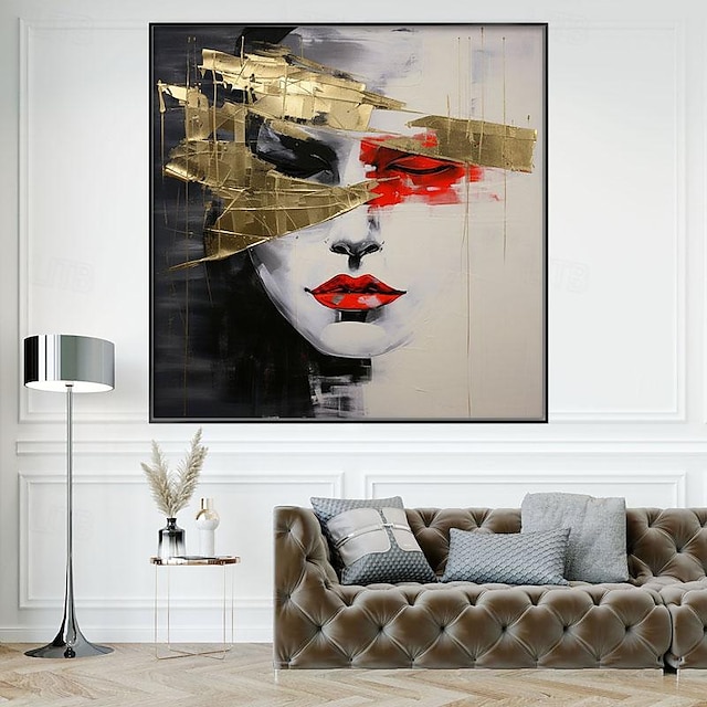  mulher pintada à mão retrato ouro pintura texturizada artesanal menina rosto lábios vermelhos decoração de parede sala de estar escritório arte de parede decoração de casa moldura esticada pronta para