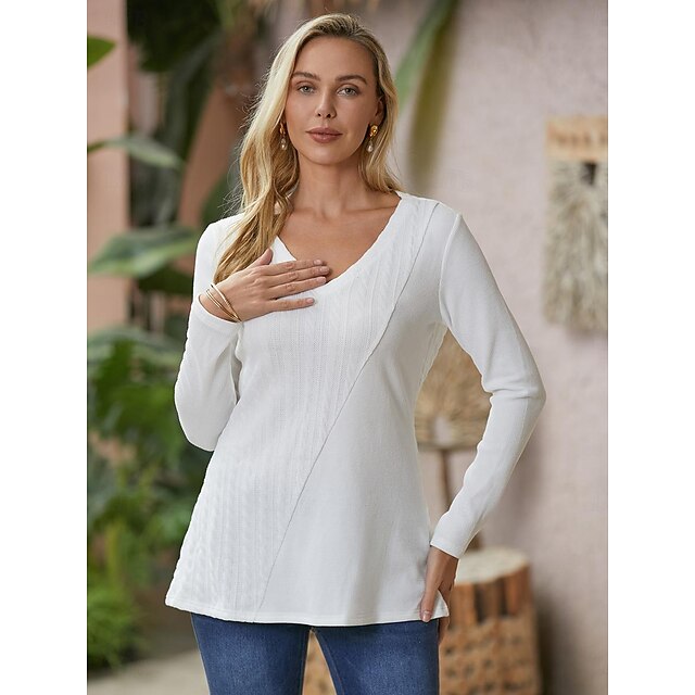 Women's Shirt Cotton Plain Casual White Flowing tunic Long Sleeve ...