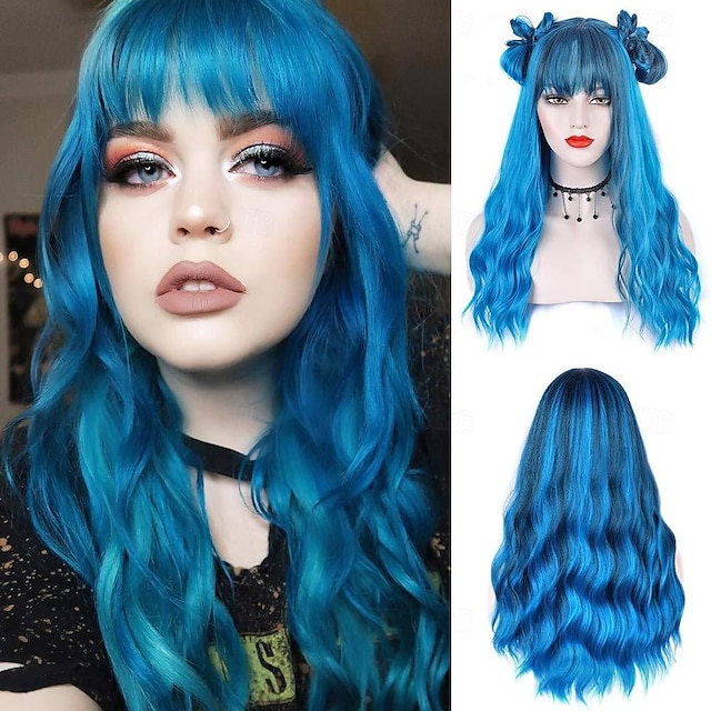  Blue Wig with Bangs Long Wavy Blue Wig with Air Bangs Synthetic Wigs for Women Curly Wigs for Daily Party Cosplay 24 inch