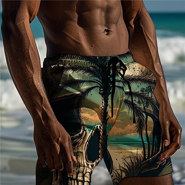  מכנסי לוח לגברים מודפסים גולגולת מכנסי הוואי קצרים בגד ים שרוך עם בטנת רשת אלסטית מותן נוחות לנשימה קצר חופשה