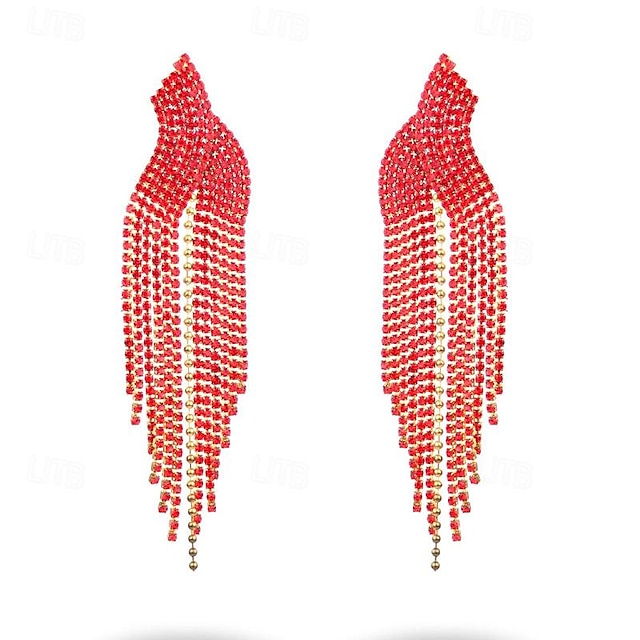  Women's Hoop Earrings Tassel Fringe Precious Statement Imitation Diamond Earrings Jewelry Red For Wedding Party 1 Pair