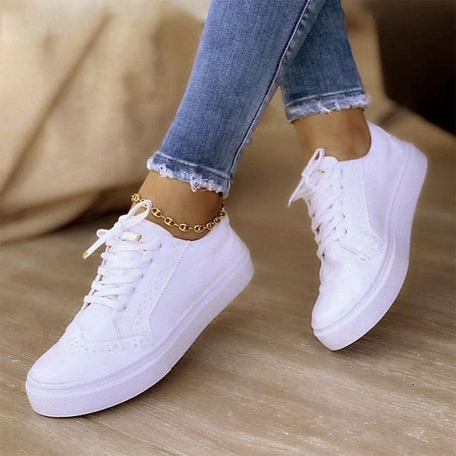  Women's Sneakers Plus Size Office Daily Solid Colored Flat Heel Round Toe Casual Minimalism Suede Lace-up Black White Blue
