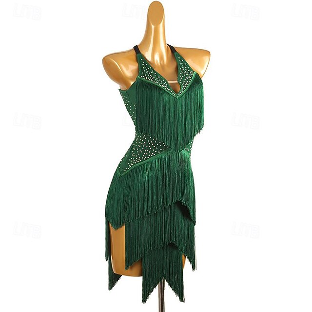 Latin Dance Dress Tassel Pure Color Crystals/Rhinestones Women's Performance Party Long Sleeve Mesh Spandex