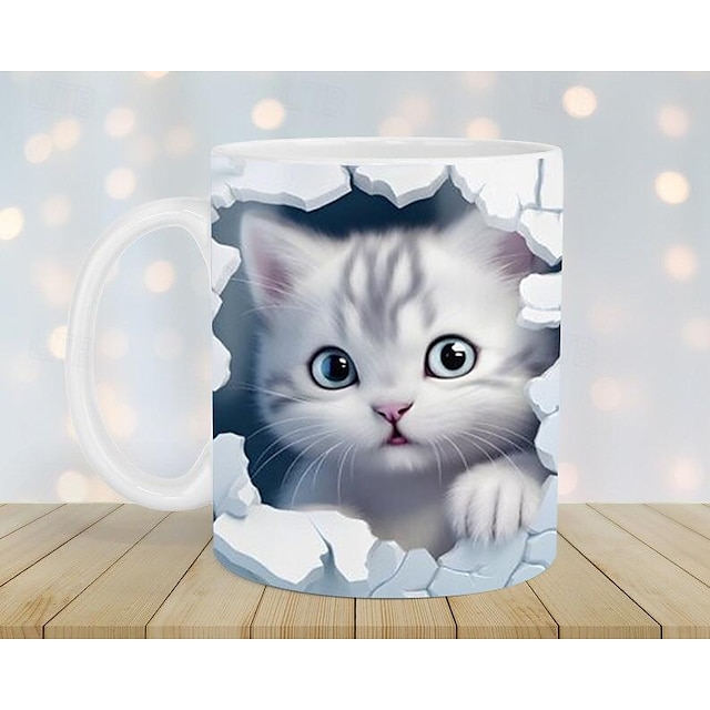  Tasse mit 3D-Druck, Kätzchenloch in einer Wand, Keramik-Kaffeetasse mit Katzenmotiv, 3D-Neuheits-Katzenbecher, Katzenliebhaber-Kaffeetasse, Katzenclub-Tasse, weiße Keramiktasse, Geschenke für Männer und Frauen