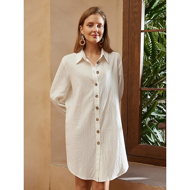 Women's Shirt Dress Mini Dress Cotton Linen Button Up Button Basic ...