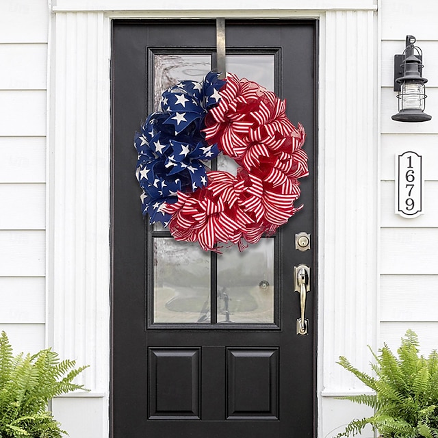  wieniec kwiatowy wieszak na drzwi czwarty lipca amerykański dzień niepodległości dekoracja z tkaniny domowej, świąteczny rekwizyt do ekspozycji okiennej, 30 cm na dzień pamięci/czwarty lipca