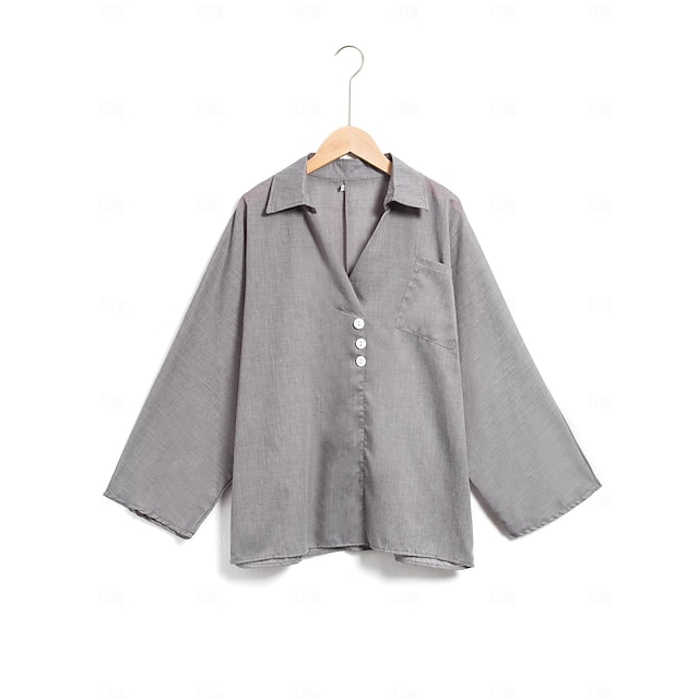  Women's Cotton Linen Shirt Blouse Solid Basic Long Sleeve V Neck Regular Tops Work Casual Buttons Pocket Black White Red Khaki Gray Summer Spring