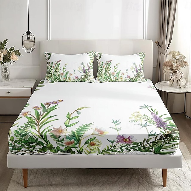  Floral Spring Pattern Fitted Sheet Set Ultra Soft Breathable Silky Bed Sheets Deep Pocket 100% Cotton Bedding Sheets 3 Piece Queen King Size