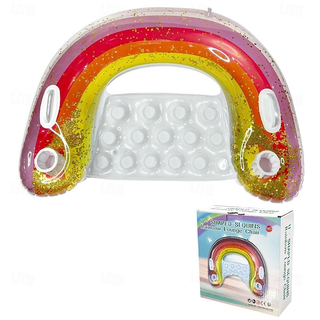  Poltrona inflável de montagem em arco-íris com lantejoulas de água com rede de sofá flutuante em forma de u espessada e anel de natação