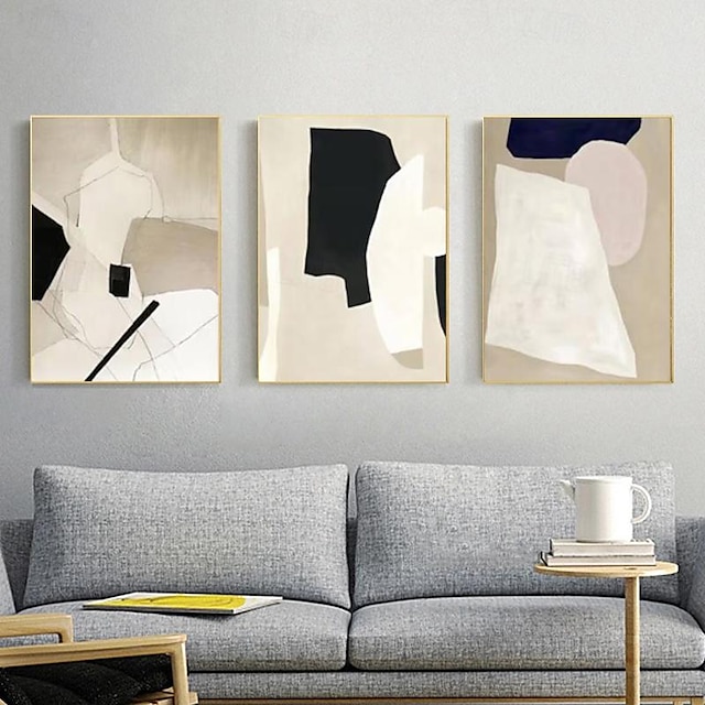  צבע ביד ציור אבסטרקטי מודרני ניטרלי בשחור לבן על בד אמנות קיר עיצוב סלון (ללא מסגרת)