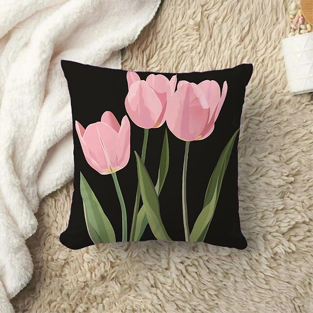 imitace plátna povlak na polštář růžový bílý potisk tulipánů jednoduchý čtvercový tradiční klasický přehoz polštáře postel pohovka obývací pokoj dekorativní 16