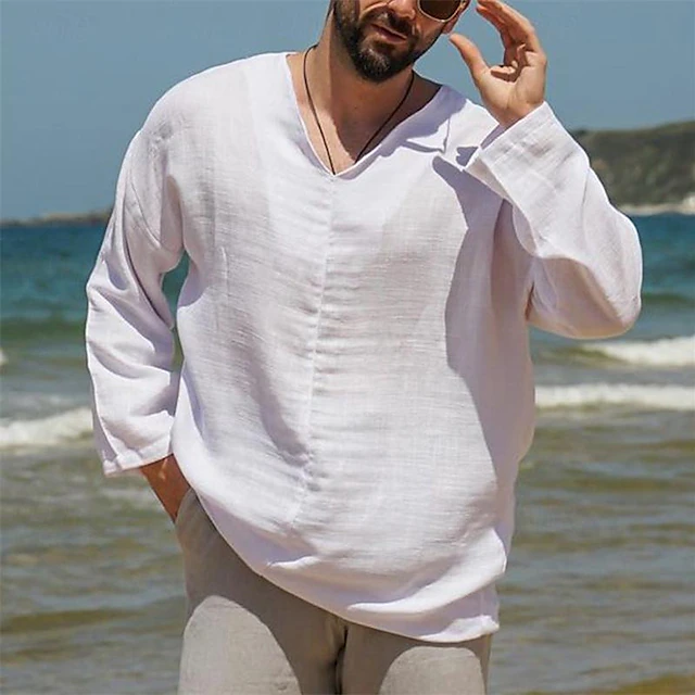 Men's Shirt Linen Shirt White Cotton Shirt Summer Shirt Beach Shirt Cotton Linen Shirt Plain Vacation Holiday Black White Khaki Long Sleeve V Neck Spring & Fall Clothing Apparel Button-Down 8