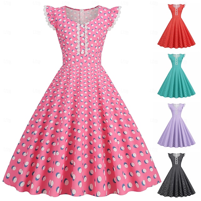  Retro 50. léta Rockabilly Šaty Houpací šaty Flare šaty Puntíkované Dámské předvečer Všech svatých Plesová maškaráda Na den loučení se svobodou nevěsty Dospělí Šaty Šaty pro návrat domů