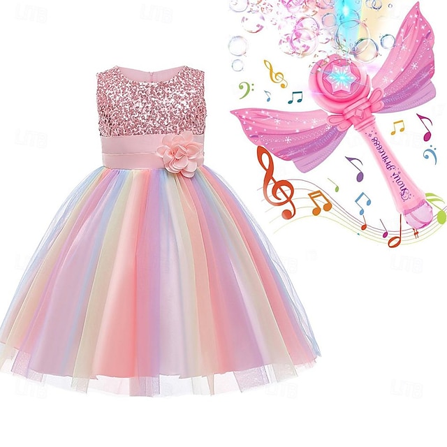  Kindermädchenkleid mit elektrischer Seifenblasenmaschine, Kinderkleid für kleine Mädchen, Regenbogenblumenparty, Pailletten, plissierte Schleife, rosarot, knielang, ärmellos, niedliche Kleider