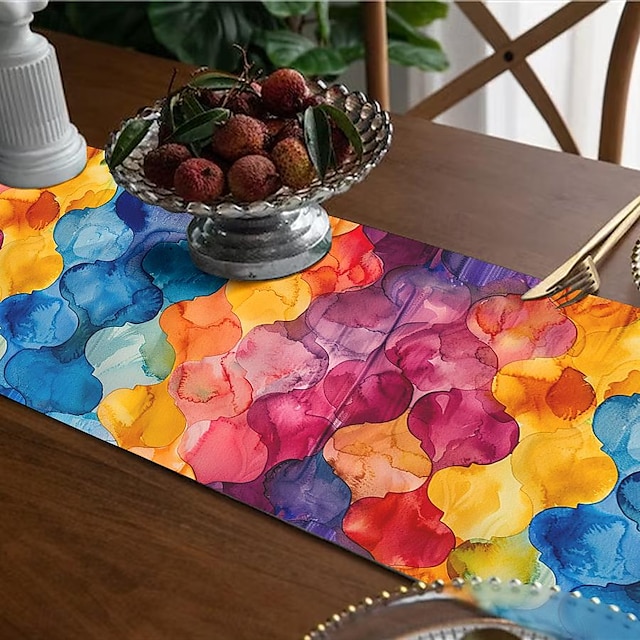  Floral Colorful Print Country Style Table Runner, Kitchen Dining Table Decor, Print Decor Table Runners for Indoor Outdoor Home Farmhouse Holiday Wedding Birthday Party Decoration