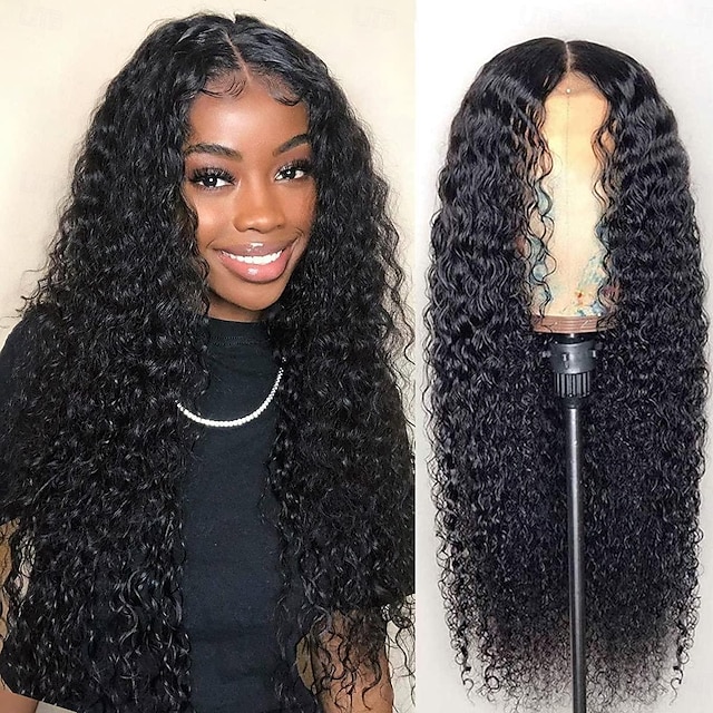  Deep Wave Human Hair Wigs 4x4x1 T-part Lace Closure Wig Deep Curly Human Hair Transparent Lace with Baby Hair Only Middle Part Hairline 130% Density Human Hair Natural 1B Color
