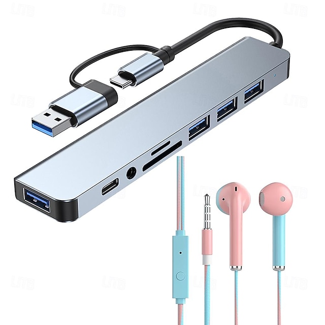  USB 3.0 USB C Huber 8 porter 8-i-1 USB-hub med USB 3.0 5V / 1,5A Strømforsyning Til Bærbar Smarttelefon