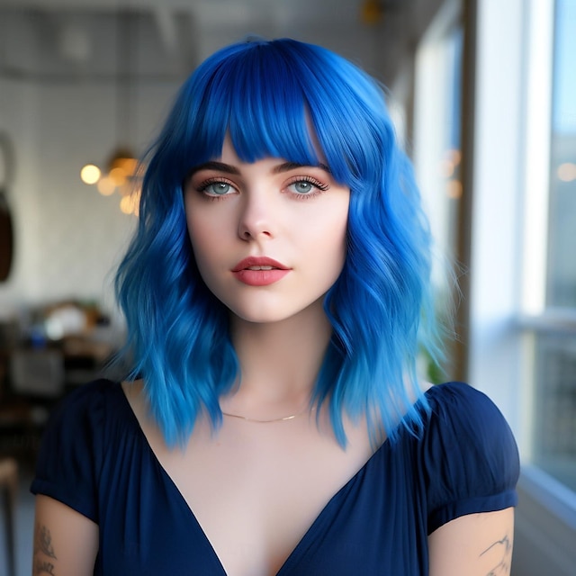  blå peruker för kvinnor korta lockiga peruker med lugg färgad vågig bob syntetisk peruk medium axellängd peruk värmebeständig för vardags- och festblå